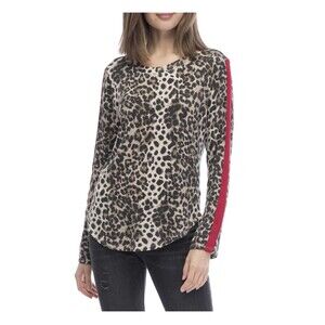 Bobeau Women's Long Sleeve Cheetah Animal Print Knit Top Red Stripe Size M